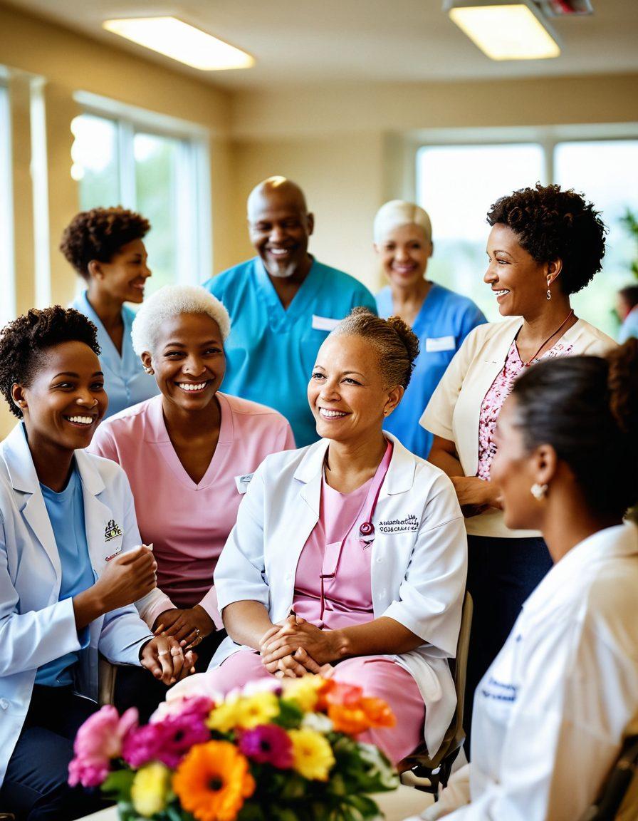 A diverse group of cancer patients and their families gathered in a bright, supportive community center, sharing stories and laughter. Incorporate elements of compassion, hope, and unity, with soft lighting enhancing the warm atmosphere. Highlight symbols of support, like ribbons and flowers, in the surroundings. Include a few healthcare professionals actively engaging with the group. super-realistic. vibrant colors. warm tones.