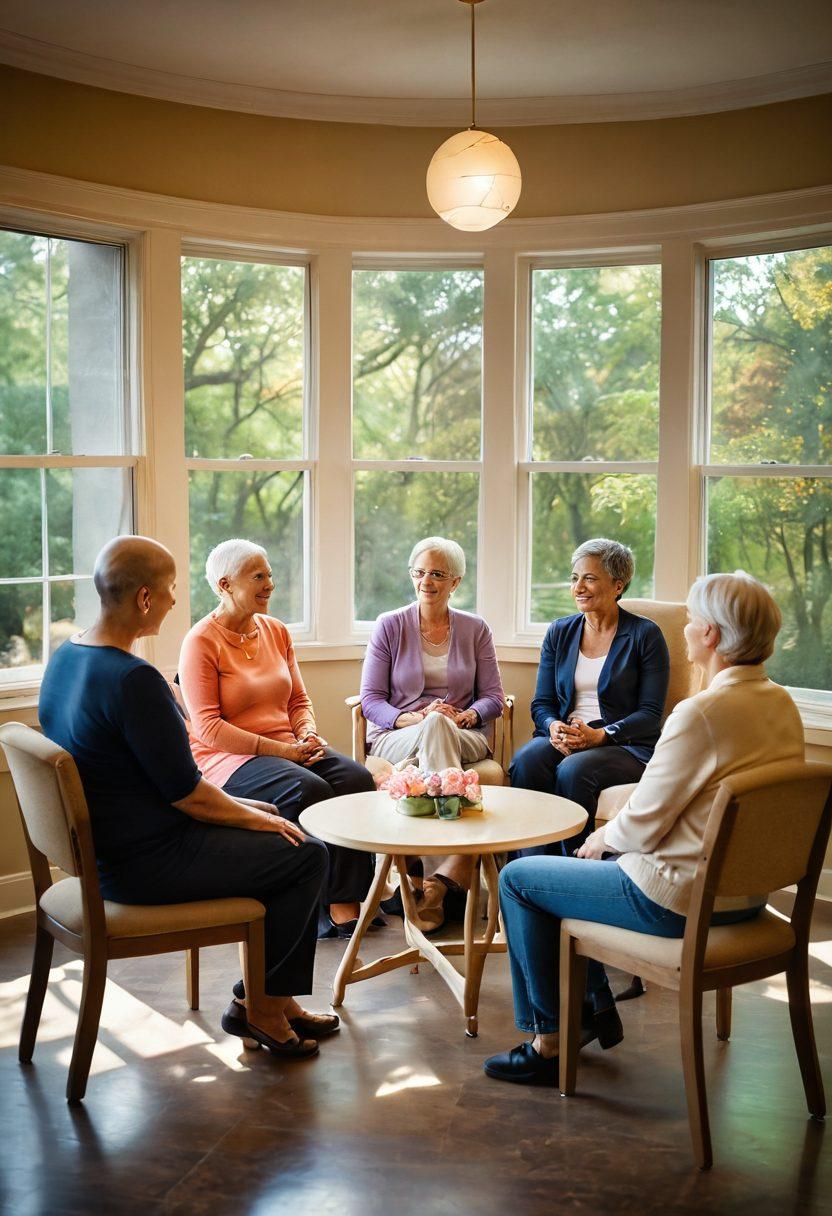 A compassionate scene depicting a diverse group of cancer survivors sharing their stories in a warm support group setting, with soft lighting highlighting their expressions of hope and resilience. Visual elements include a cozy circular arrangement of chairs, a heartwarming backdrop of nature through a window, and personal mementos reflecting each survivor's journey. Emphasize connections through gentle touch and smiles. vibrant colors. super-realistic.