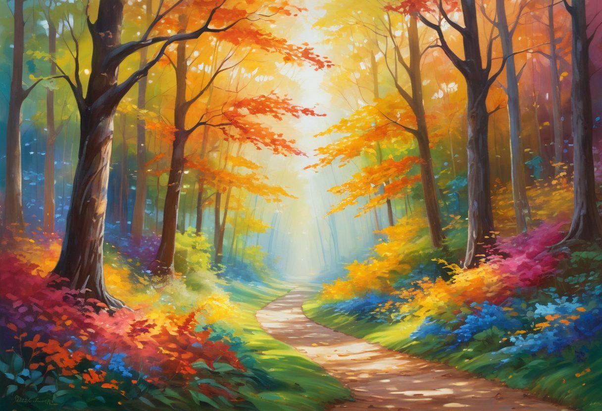 A serene pathway winding through a vibrant forest, symbolizing the journey from diagnosis to remission. Alongside the path, compassionate figures lend support to each other, depicting care and hope. Gentle sunlight filters through the leaves, casting warm light on the scene. Include soft, soothing colors to evoke a sense of calm and positivity. painting. vibrant colors.